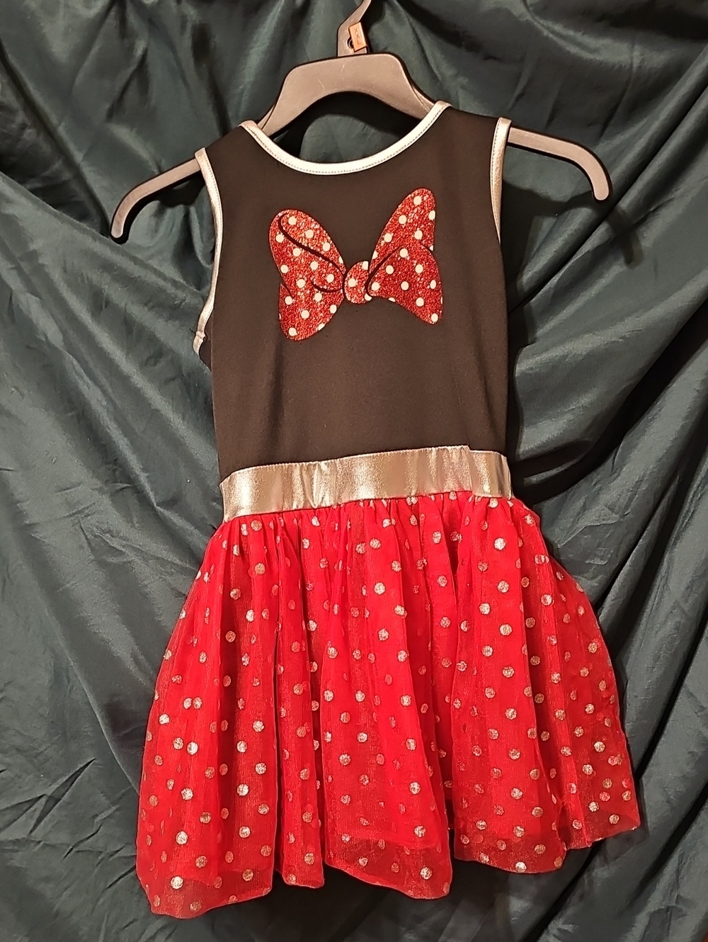 Disney's Minnie Mouse  Black & Red Sparkle Bow Dress W/ Attached Hoodie/Ears